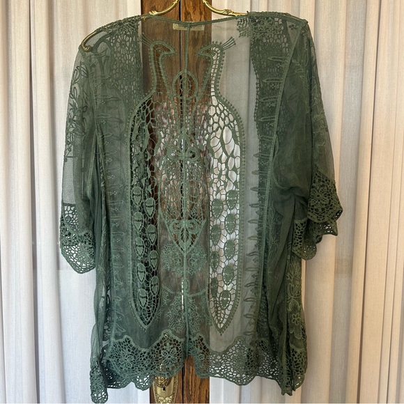 Simply Couture Sage Green Tab Sleeve Knit Lace Peacock Open Cardigan - Picture 5 of 10